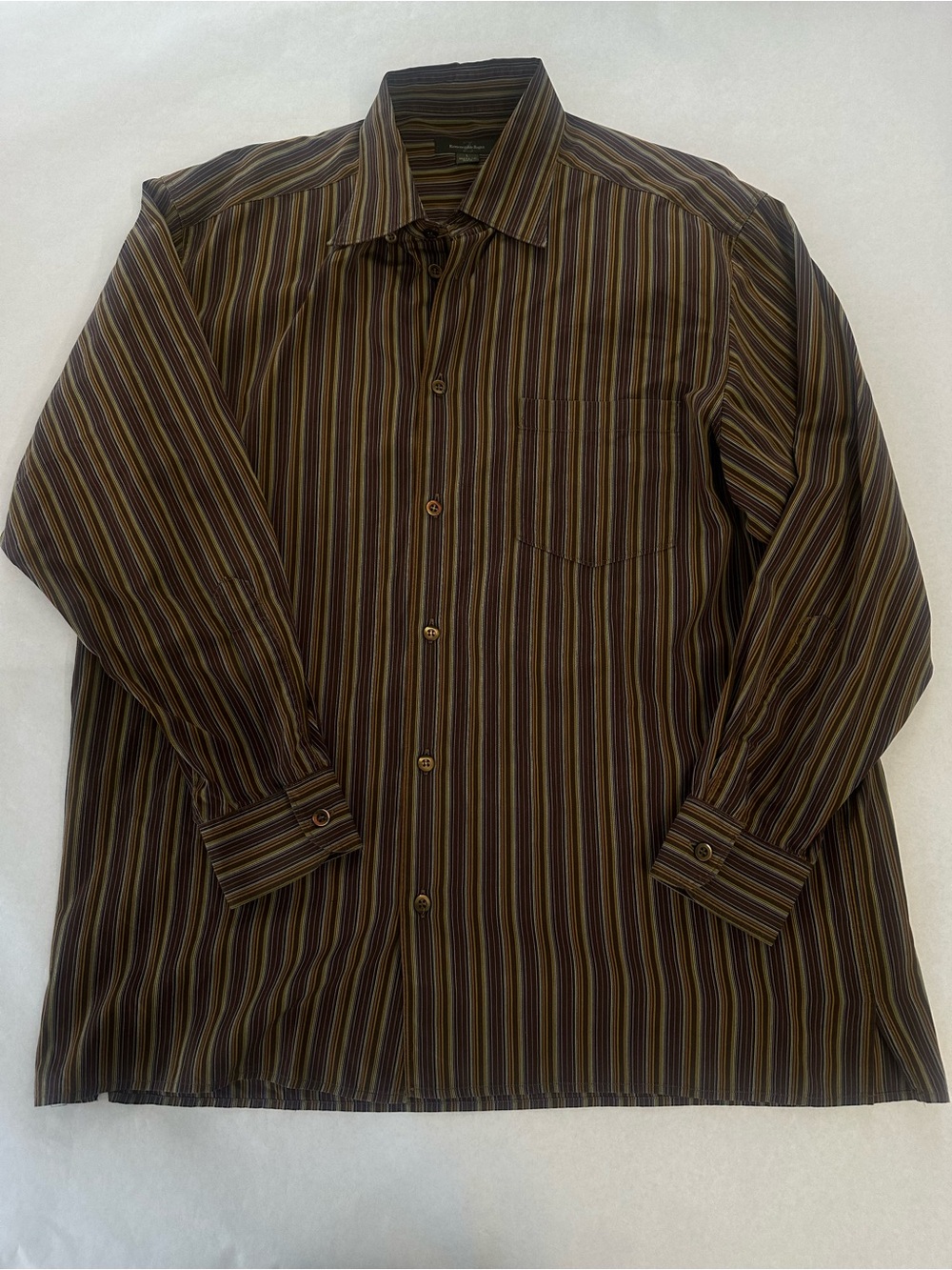 Ermenegildo Zegna Men's L Brown Striped Collared Button Front Long Sleeve Shirt